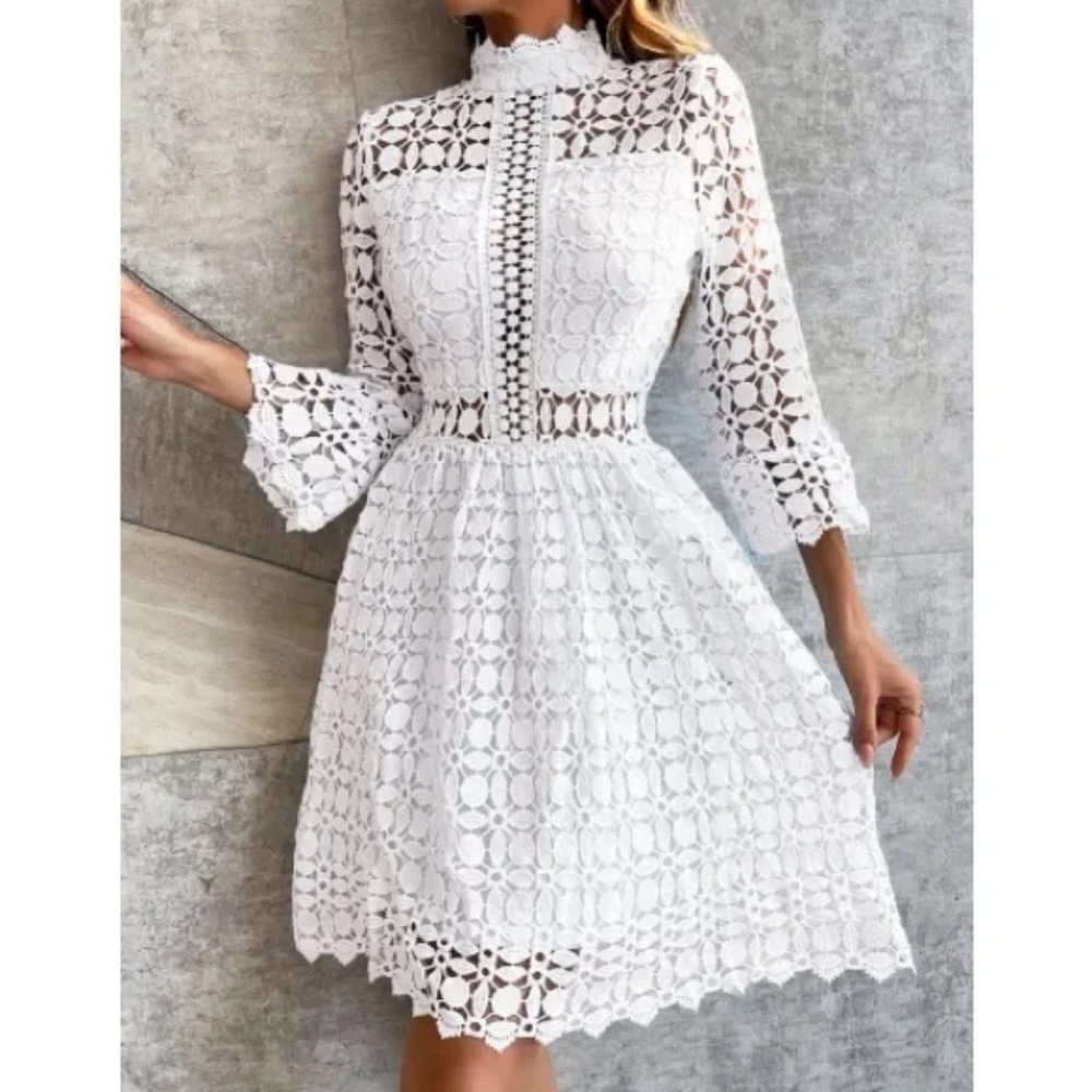 Classic Lace Frill Neck Long Sleeve Party Dress - Picture 2 of 13